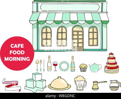 Gestaltung der Speisekarte für die Morgengerichte. Frühstück und Brunches Geschirr Sammlung. Essen und Café, Restaurant handgezeichnete Skizze, Vektor-Illustration. Cartoon grange Stock Vektor