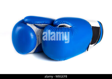 Blau Boxhandschuhe auf weißem Hintergrund. Stockfoto