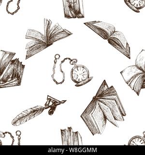 Nahtlose Muster von Hand gezeichnete Skizze Stil Bücher, Feather pen und Taschenuhren auf weißem Hintergrund. Vector Illustration. Stock Vektor