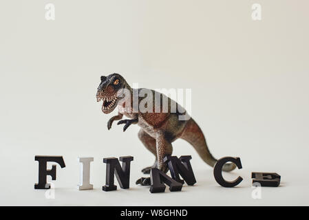 Wort Finance aus schwarzem und weißem Holz Buchstaben stehen enevenly. Horizontale Schuß Stockfoto