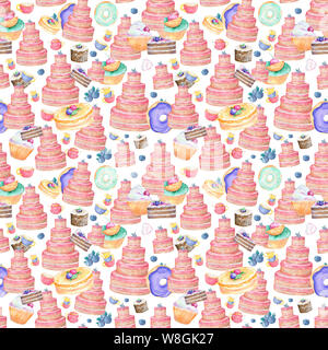 Pink lecker Kuchen Geburtstag isoliert und Farbe Tassen mit berrypattern Hintergrund von niedlichen Cupcakes in Pastellfarben Aquarell, Clip Art für Lebensmittel-Muster Stockfoto