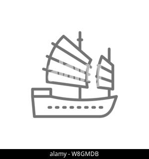 Asiatische Junk-Boot, Hongkong Schiff Symbol Leitung. Stock Vektor