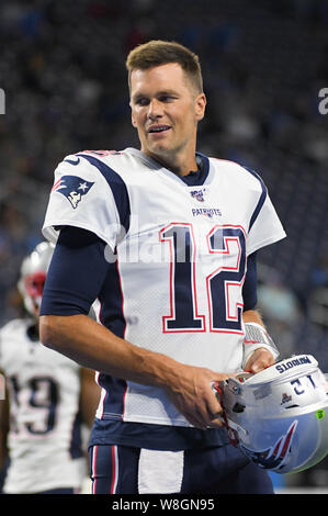 DETROIT, MI - 8. AUGUST: New England Patriots QB Tom Brady (12) beim Warm-ups der NFL-Saison Spiel zwischen den New England Patriots und Detroit Lions am 8. August 2019 im Ford Field in Detroit, MI (Foto von Allan Dranberg/CSM) Stockfoto
