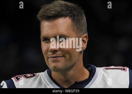 DETROIT, MI - 8. AUGUST: New England Patriots QB Tom Brady (12) Während der NFL-Saison Spiel zwischen den New England Patriots und Detroit Lions am 8. August 2019 im Ford Field in Detroit, MI (Foto von Allan Dranberg/CSM) Stockfoto