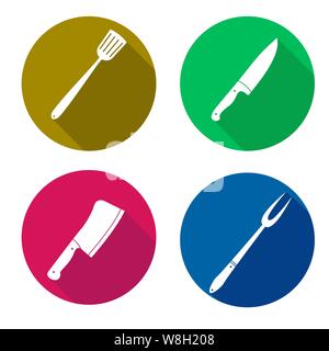 Einstellen der Symbole von Kochutensilien vor dem Hintergrund der farbigen Kreise mit einem langen Schatten für Design und Dekoration, das Design ist flach. Stock Vektor