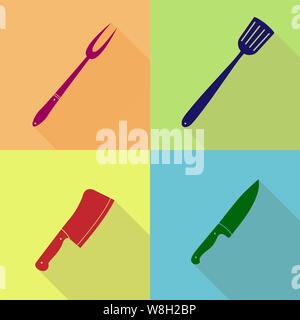 Satz von Kochgeschirr Symbole auf dem Hintergrund der bunten Quadrate mit einem langen Schatten für Design und Dekoration, das Design ist flach. Stock Vektor