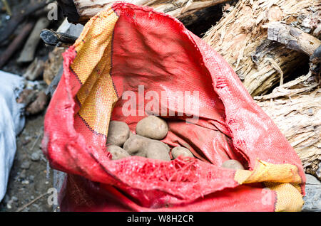 Frische rohe Kartoffel im Sack sack Hintergrund aus der Landwirtschaft Ernte Ernte Kartoffeln in sackleinen Sack auf rustikalen Hintergrund, rohe Kartoffel essen. Stockfoto