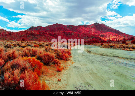 Schmutz Straße, die bis zum Herbst farbige Felder in Richtung rötlich Berg unter blauem Himmel mit weißen Wolken. Stockfoto