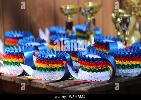 Gruppe von Reiten Pferdesport Trophäen Abzeichen Rosetten an reiterfall Stockfoto