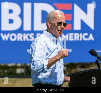 Clear Lake, Iowa, USA. 09 Aug, 2019. Vizepräsident Joe Biden besucht eine gemeinschaftliche Veranstaltung im Boone County Fairgrounds auf seinem Präsidentschaftswahlkampf Schwingen durch Central Iowa. Credit: Brian Cahn/ZUMA Draht/Alamy leben Nachrichten Stockfoto