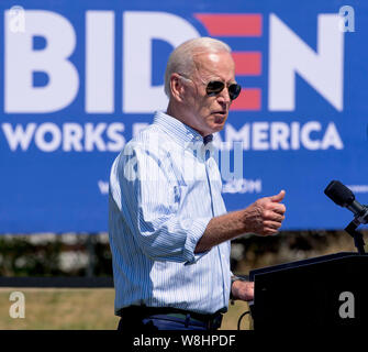 Clear Lake, Iowa, USA. 09 Aug, 2019. Vizepräsident Joe Biden besucht eine gemeinschaftliche Veranstaltung im Boone County Fairgrounds auf seinem Präsidentschaftswahlkampf Schwingen durch Central Iowa. Credit: Brian Cahn/ZUMA Draht/Alamy leben Nachrichten Stockfoto