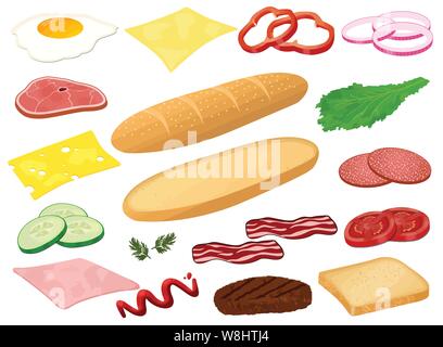 Satz von Zutaten für Sandwich oder Burger auf weißem Hintergrund. Geschnittenes Gemüse, Ei, Fleisch, Schinken, Käse und Sauce auf Weiß, Vektor, Abbildung Stock Vektor