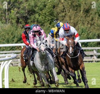 Die "glenrath Farms Archerfield Cup Handicap', Musselburgh, 9. August 2019. Joe Fanning (gelbe und blaue Ärmel) auf Gut Sonnenschein gewann das Rennen. Stockfoto