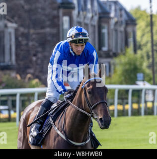 Jockey David Allan auf Rux Ruxx (Gewinner) vor dem Start der 'Edgen Murray Handicap', Musselburgh Racecourse, 9. August 2019 Stockfoto