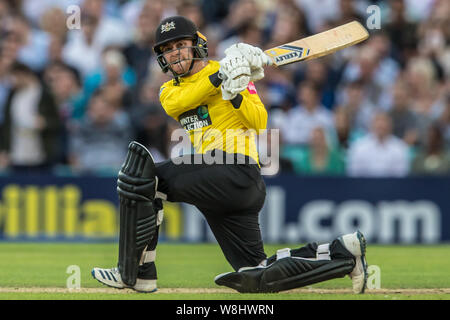 London, Großbritannien. 9. August 2019. Ryan Higgins schlagen für Gloucestershire gegen Surrey in der Vitalität T20 Blast Match am Kia Oval. David Rowe/Alamy leben Nachrichten Stockfoto