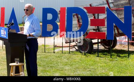 Clear Lake, Iowa, USA. 09 Aug, 2019. Vizepräsident Joe Biden besucht eine gemeinschaftliche Veranstaltung im Boone County Fairgrounds auf seinem Präsidentschaftswahlkampf Schwingen durch Central Iowa. Credit: Brian Cahn/ZUMA Draht/Alamy leben Nachrichten Stockfoto