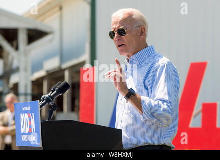 Clear Lake, Iowa, USA. 09 Aug, 2019. Vizepräsident Joe Biden besucht eine gemeinschaftliche Veranstaltung im Boone County Fairgrounds auf seinem Präsidentschaftswahlkampf Schwingen durch Central Iowa. Credit: Brian Cahn/ZUMA Draht/Alamy leben Nachrichten Stockfoto