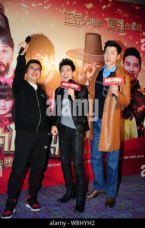 (Von links) der chinesische Regisseur und Schauspieler Wang Yuelun, Taiwanesisch Sänger und Schauspieler Jimmy Lin und Chinesische Model und Schauspielerin Zhang Liang teilnehmen, drücken Sie BESPRE. Stockfoto