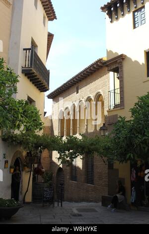 Poble Espayol - das Spanische Dorf in Barcelona. Barcelona Spanien ein Freilichtmuseum mit Gebäuden und alle die Vielfalt Spaniens - in der Mitte von Barcelona. Stockfoto