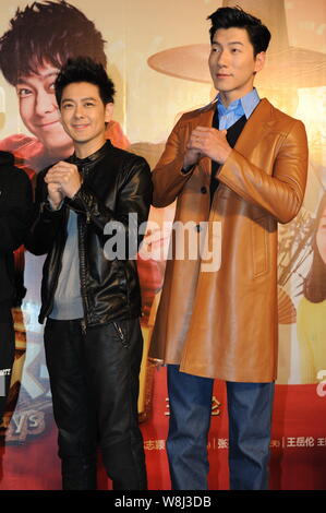 Taiwanesische Sänger und Schauspieler Jimmy Lin, Links, und Chinesischen Model und Schauspielerin Zhang Liang stellen während einer Pressekonferenz für ihren Film "Urlaub des Kaisers Stockfoto
