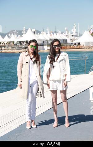 Taiwanesische Schauspielerin Shu Qi, Links, und Hong Kong Schauspielerin Angelababy pose zu einem Fotoshooting für ihren Film "Die Ghouls" während der 68. Filmfestspielen von Cannes Stockfoto