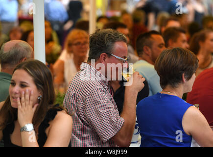 Frankfurt am Main, Deutschland. 9 Aug, 2019. Menschen besuchen die Frankfurter Apfelwein Festival in Frankfurt, Deutschland, am Aug 9, 2019. Die Frankfurter Apfelwein Festival wird hier von 9 bis 18 statt. Die Frankfurter Apfelwein Kultur spielt eine wichtige Rolle im sozialen Leben der Stadt seit Hunderten von Jahren gespielt. Credit: Lu Yang/Xinhua/Alamy leben Nachrichten Stockfoto