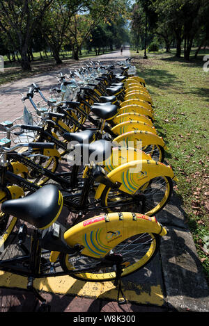 Taiping, Malaysia - 22 Jun, 2018: Fahrrad-sharing Service für die Vermietung an zu niedrigen Rate an um Taiping See Garten, Taiping, Malaysia - eine lockere Fahrt Stockfoto
