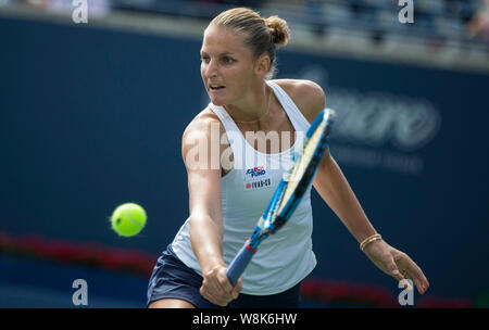 Toronto, Kanada. 9 Aug, 2019. Karolina Pliskova Tschechien gibt die Kugel gegen Bianca Andreescu von Kanada im Viertelfinale der Frauen singles am 2019 Rogers Schale in Toronto, Canada, Jan. 9, 2019. Credit: Zou Zheng/Xinhua/Alamy leben Nachrichten Stockfoto