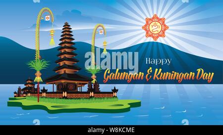 Balinesische Hindu Urlaub Grußkarte Happy Fest Galungan und Kuningan mit Pura Ulun Danu Bratan Landschaft Stock Vektor