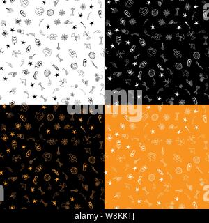 Halloween doodle nahtlose Muster auf vier Hintergründe isoliert. Umrisse der nahtlose Muster mit schwarzen Halloween doodle Elemente. Umrisse coll Stock Vektor