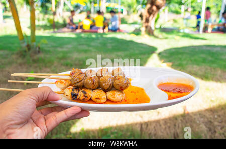 Gegrilltes Schweinefleisch und Rindfleisch Frikadellen mit Seafood Soße auf weißem Kunststoff Platte in der Hand Hintergrund verschwommen Touristen auf dem Rasen. Stockfoto