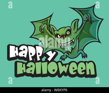 Happy Halloween. Halloween fledermaus Fliegen mit dem großen Schild - Vektor Charakter Abbildung Stock Vektor