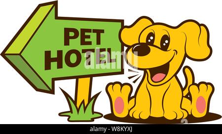 Cartoon Cute Puppy neben pet Hotel Schild, Hund vektor Charakter Abbildung sitzen Stock Vektor