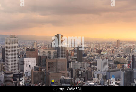 Panoramablick auf das Geschäftsviertel der Stadt Osaka, Japan im Sonnenuntergang Stockfoto