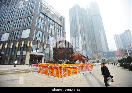 Ein Fußgänger posiert vor einem Löwen Skulptur aus Myanmar Palisander auf einem Platz in Wuhan City, Central China Provinz Hubei, 4. Januar 2016. Stockfoto