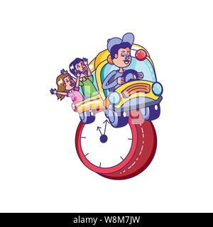 Bus mit Fahrer und Schüler in time clock Vector Illustration Design Stock Vektor