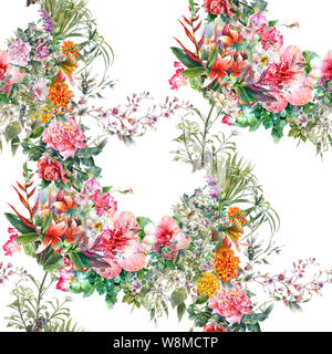 Aquarell von Blatt und Blumen, nahtlose Muster auf weißem Hintergrund Stockfoto
