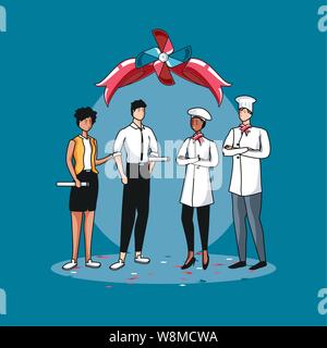 Happy Tag der Arbeit Label mit der Gruppe der Arbeitnehmer Vector Illustration Design Stock Vektor