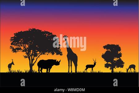 Wilde Tiere schwarze Silhouetten, Vector Illustration isoliert auf Sonnenuntergang Stock Vektor