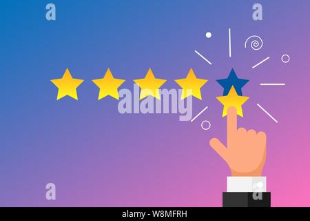 Online-Feedback Ruf beste Qualität Kundenbewertung Konzept flach Stil. Geschäftsmann Hand Finger zeigt fünf Gold-Sterne-Bewertung auf Gradienten Hintergrund. Vektorgrafik