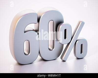 60 Prozent Wort steht auf weiße Oberfläche mit weichem Reflexion. 3D-Darstellung. Stockfoto