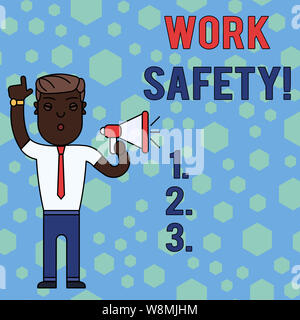 Wort schreiben Text Arbeitssicherheit. Business Foto präsentiert Strategien und Verfahren, um die Gesundheit der Mitarbeiter Mann stand mit erhobenen Rechten sicherzustellen Stockfoto