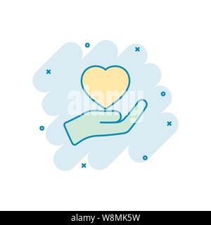 Herz care Symbol im Comic-stil. Liebe vector Cartoon Illustration auf weißem Hintergrund isoliert. Liebe in der hand Geschäftskonzept splash Wirkung. Stock Vektor