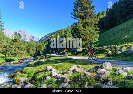 Mountainbiker mit dem Fahrrad in die abgelegene Region swiis National Park in der Nähe von S'Charl Stockfoto