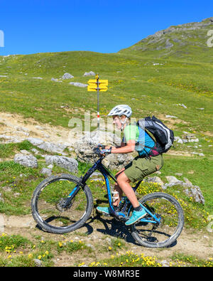 Anstrengenden bergauf mit dem Mountainbike in den Alpen Stockfoto