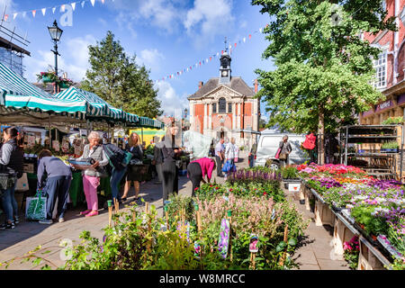 Vom 6. Juni 2019: Henley on Thames, Großbritannien - Anlage Abschaltdruck am historischen Marktplatz mit Rathaus hinter, an einem schönen Sommermorgen. Stockfoto