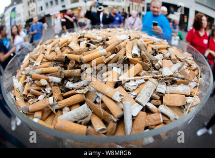 Düsseldorf, Deutschland. 09 Aug, 2019. Zigarettenkippen während einer Aktion Woche gesammelt liegen in einem transparenten Spalte in Düsseldorf. Das Ziel der 'Rheinkippen'-Kampagne ist es, die Aufmerksamkeit auf die "RhineCleanUp' Projekt zu ziehen. Die nächste Aktion zu verbinden, findet am 14. September 2019, wenn der Rhein Bank von Müll von der Quelle bis zur Mündung gelöscht werden soll. Foto: Martin Gerten/dpa/Alamy leben Nachrichten Stockfoto