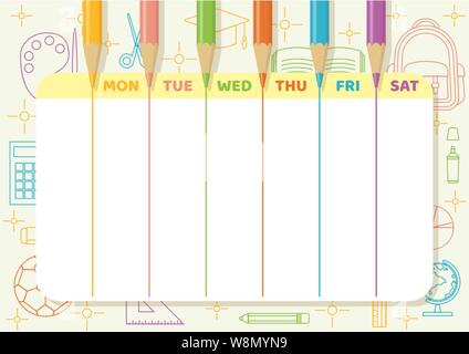 Schule Zeitplan mit Buntstifte zeichnen bunte Linien auf Licht gelbes Papier mit Schule und klasse Elemente Linie kunst Stock Vektor