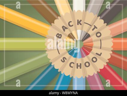 Zurück zum Konzept der Schule mit realistischen multicolor Holz- Farbstifte in kreisförmigen Ausrichtung auf grünem Hintergrund aus der Nähe der Ansicht von oben Stock Vektor