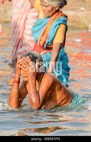 Indisch-hinduistischen Frauen in Saris führen Sie am frühen Morgen baden Rituale im Fluss Ganges in Varanasi, Uttar Pradesh, Indien, Südasien. Stockfoto